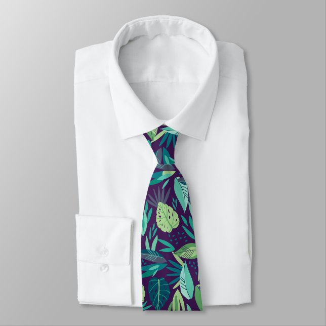 Cravate Motif de feuilles tropicales pourpres et vertes (Attaché)