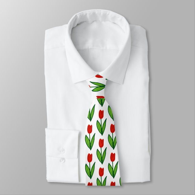Cravate Motif de fleurs de tulipe rouge couleur personnali (Attaché)