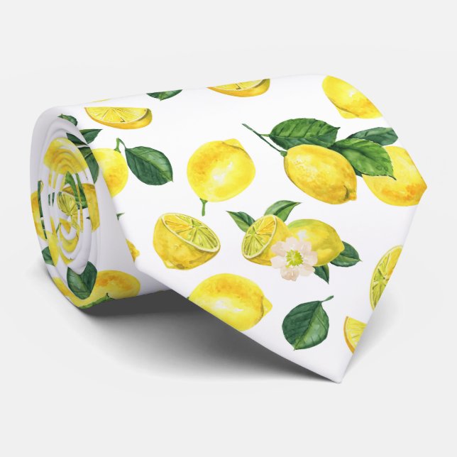 Cravate Motif de fruits à l'aquarelle des citrons jaunes (Roulé)
