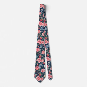 Cravate Motif de jardin floral bleu marine romantique