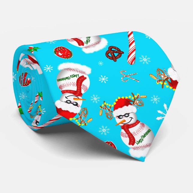 Cravate Motif de la fête de Noël de Baseball Snowman (Roulé)
