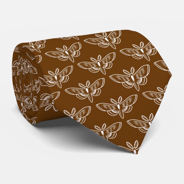 Cravate Motif de la teigne - Blanc sur noix Brown (Roulé)