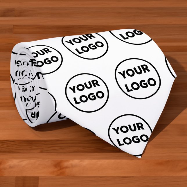 Cravate Motif de logo d'entreprise personnalisé en blanc (Custom Business Logo Pattern on White Neck Tie, rolled, in situ)
