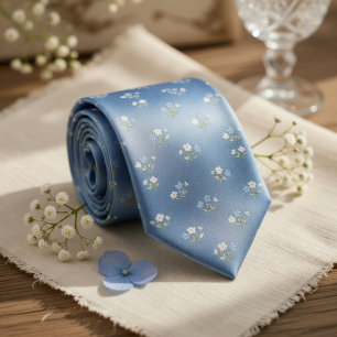 Cravate Motif de mariage floral micro bleu poussiéreux