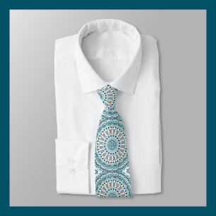 Cravate Motif de médaillon peint en bleu et gris