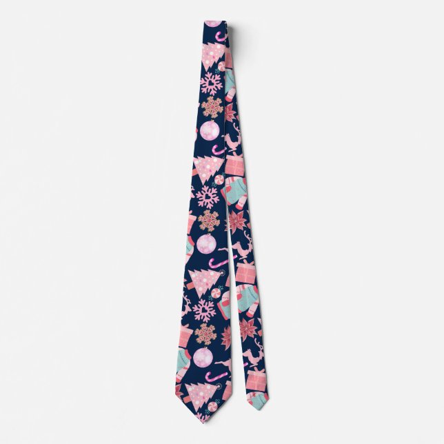 Cravate Motif de Noël rose 02 D BLue BG (Devant)