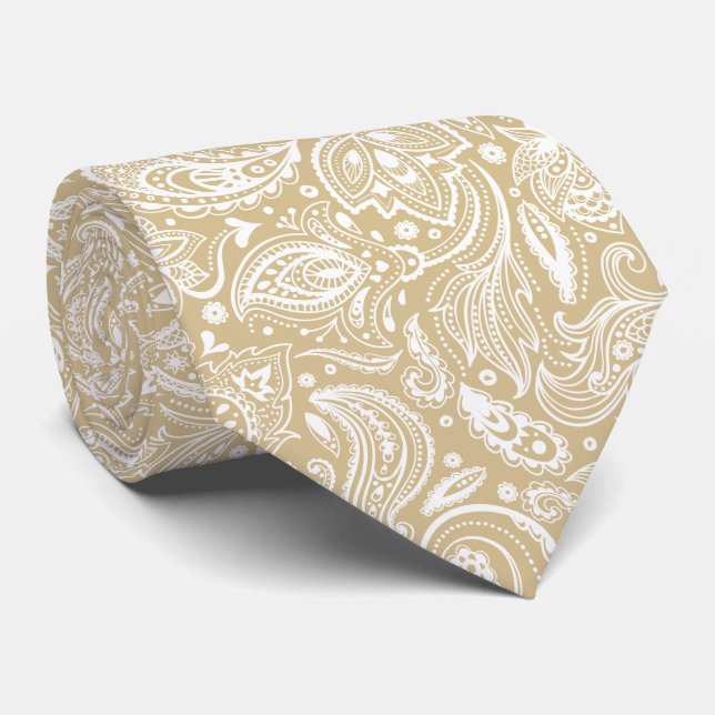 Cravate Motif de Paisley Floral Blanc Et Tan (Roulé)