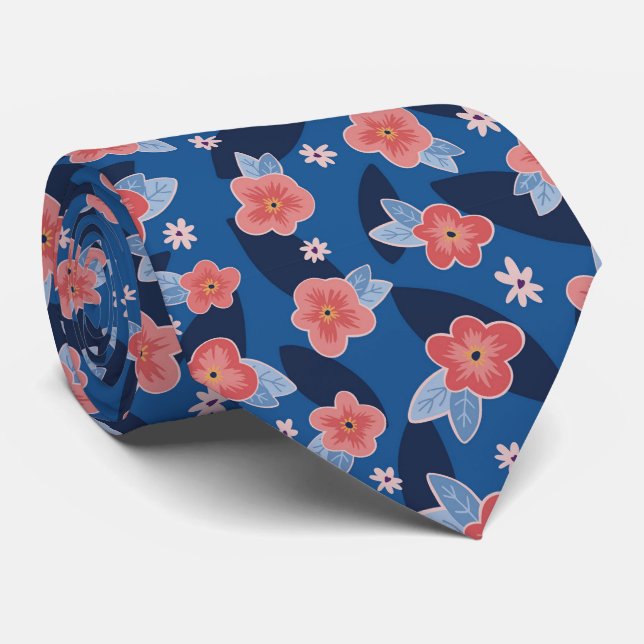 Cravate Motif de pêche et de fleurs bleues (Roulé)