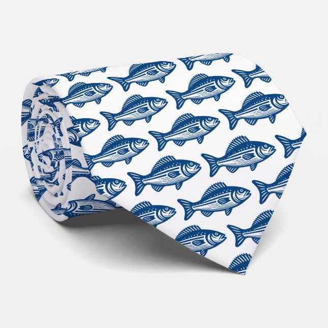 Cravate Motif de poisson - bleu Shibori sur blanc (Roulé)