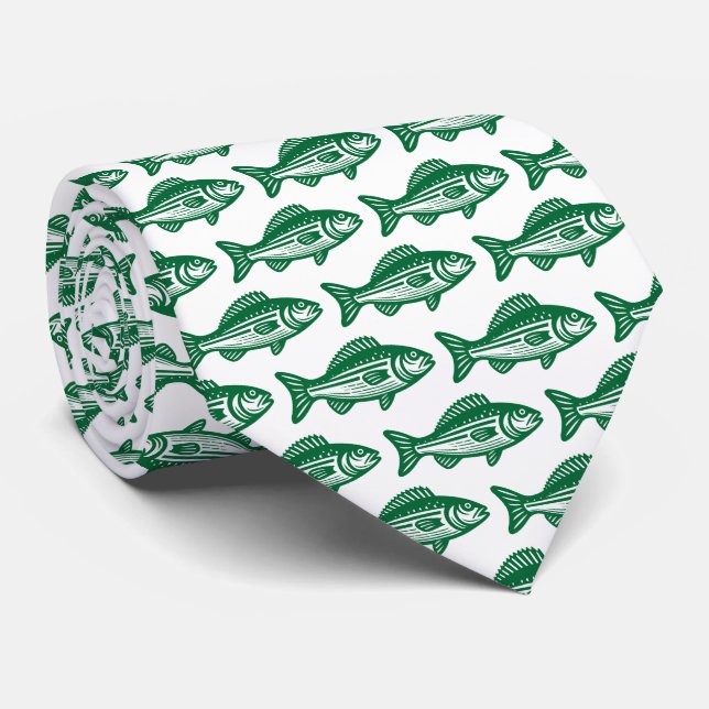Cravate Motif de poisson - Vert de forêt sur blanc (Roulé)