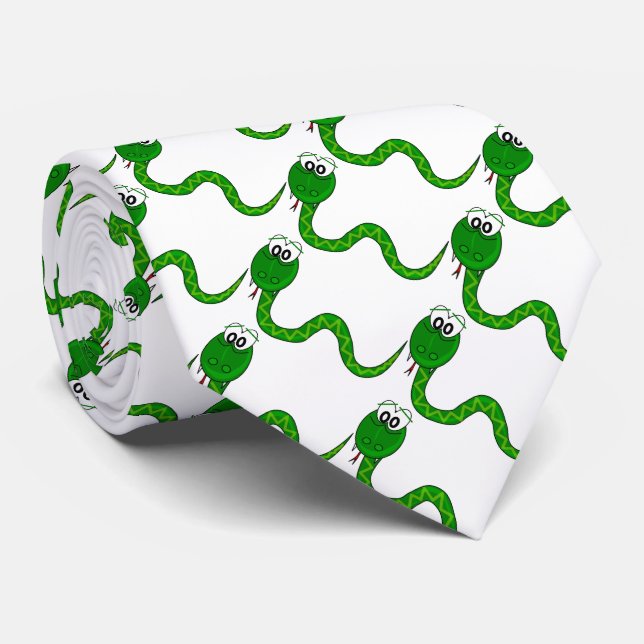 Cravate Motif de reptile de serpent vert drôle sur blanc (Roulé)