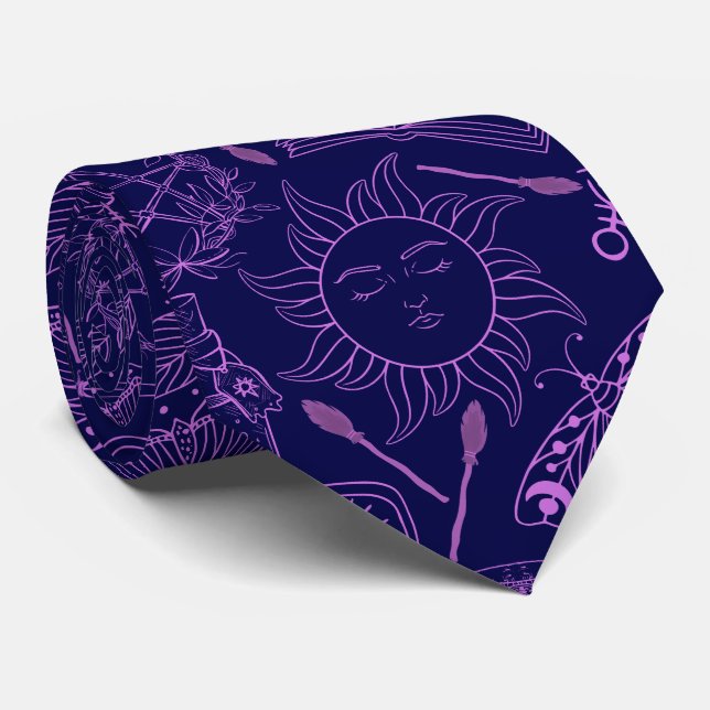 Cravate motif de sorcellerie 2506.Violet. BG DBlue (Roulé)