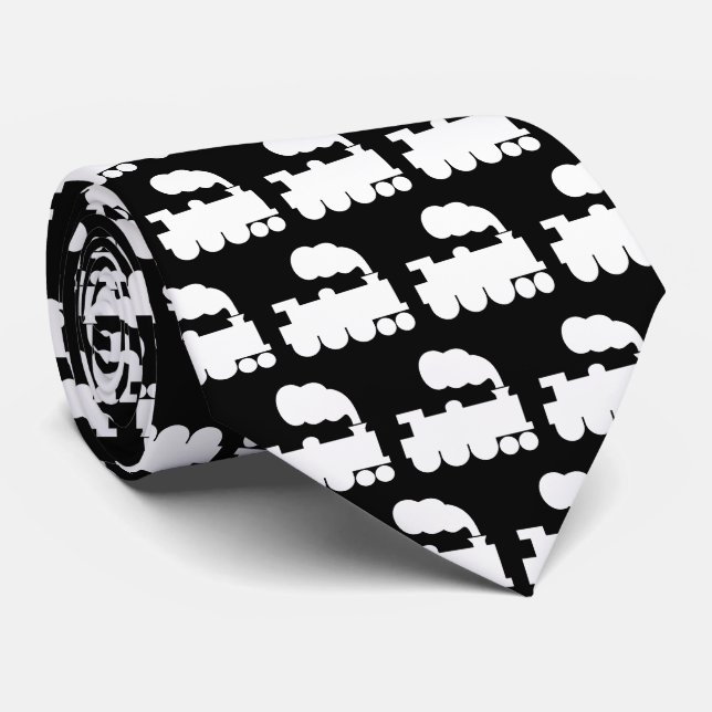 Cravate Motif de train à vapeur - Blanc sur Noir (Roulé)