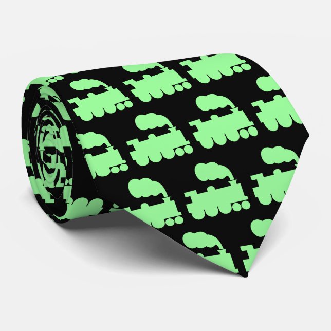 Cravate Motif de train à vapeur - Mint Green sur Noir (Roulé)