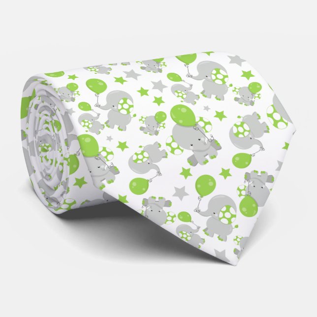 Cravate Motif Des Eléphants, Eléphants Mignons - Grey Vert (Roulé)