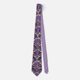Cravate Motif d'éventail Art Déco Violet, Nuit & Or Élégan