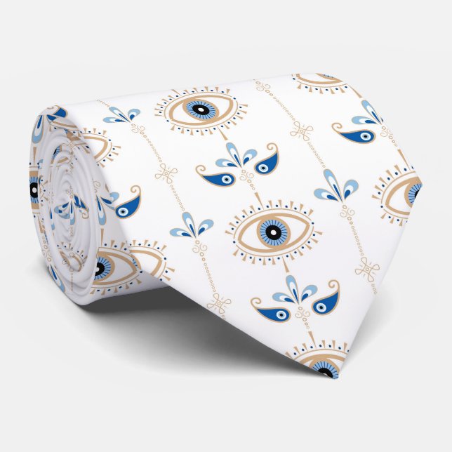 Cravate Motif d'oeil maléfique rétro bohème blanc (Roulé)