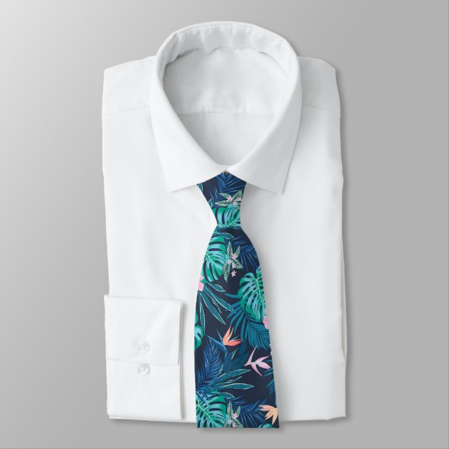 Cravate Motif du Jardin des Fleurs Tropicales Bleues (Attaché)