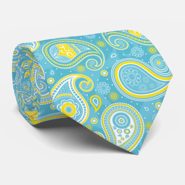 Cravate Motif en cachemire vintage jaune bleu (Roulé)