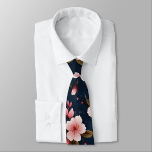 Cravate Motif en fleurs de cerisier rose et bleu illustré