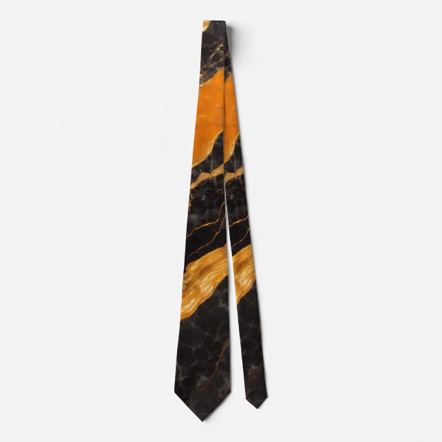 Cravate Motif en marbre noir orange avec or (Devant)