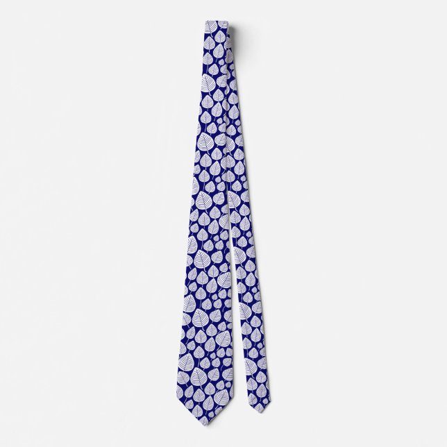 Cravate Motif feuille 02 - Blanc sur Marine profonde (Devant)