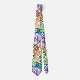 Cravate Motif Fleurs Arc-en-ciel Blanc Rétro