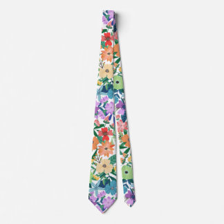 Cravate Motif Fleurs Arc-en-ciel Blanc Rétro