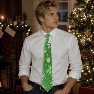 Cravate Motif Flocons de Neige Verts Fête d'Hiver