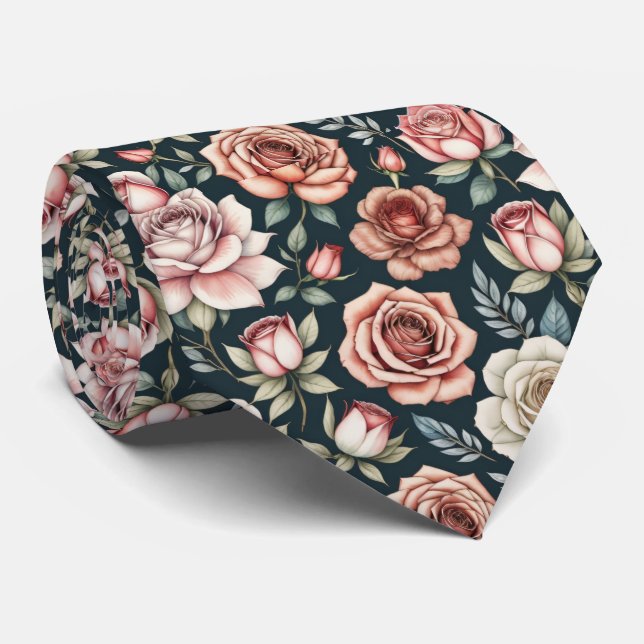 Cravate Motif floral à fleurs de rose rouge (Roulé)