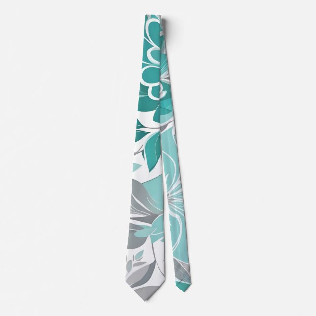 Cravate Motif Floral, Aqua, Turquoise, Turquoise et Gris (Devant)