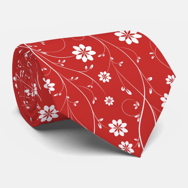 Cravate Motif floral blanc et rouge délicat (Roulé)