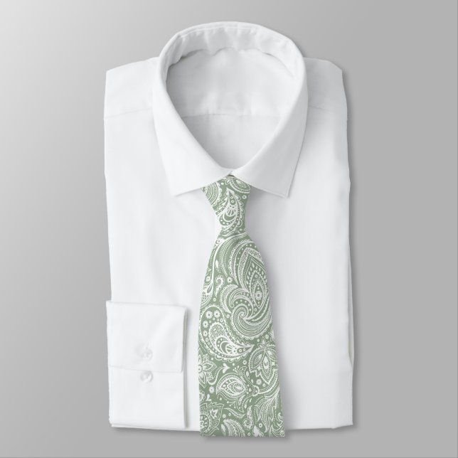 Cravate Motif Floral Blanc Et Vert Sage Paisley (Attaché)