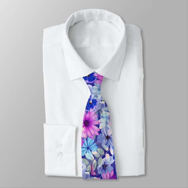 Cravate Motif Floral bleu magenta rose (Attaché)