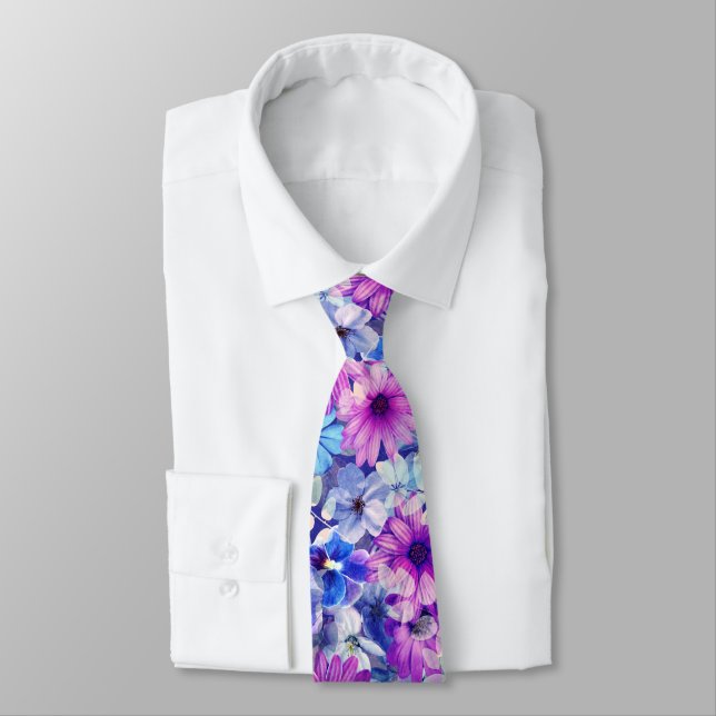 Cravate Motif Floral bleu magenta rose (Attaché)