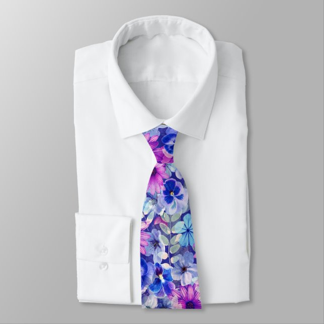 Cravate Motif Floral bleu magenta rose (Attaché)