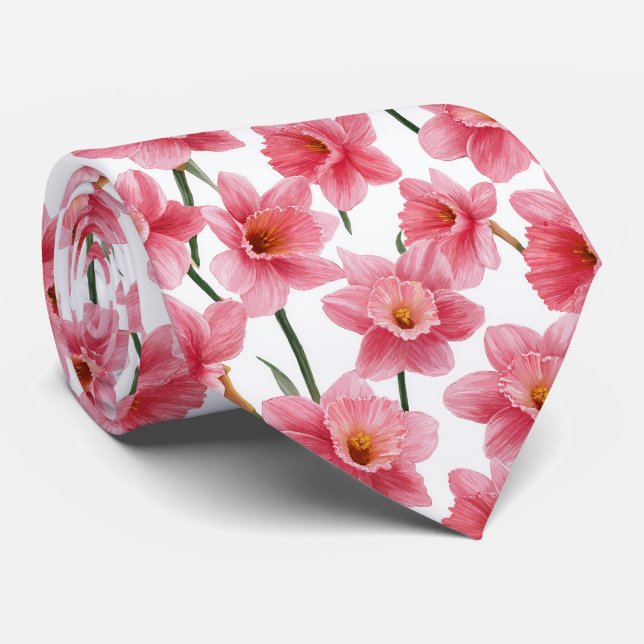 Cravate Motif floral de jonquille rose (Roulé)