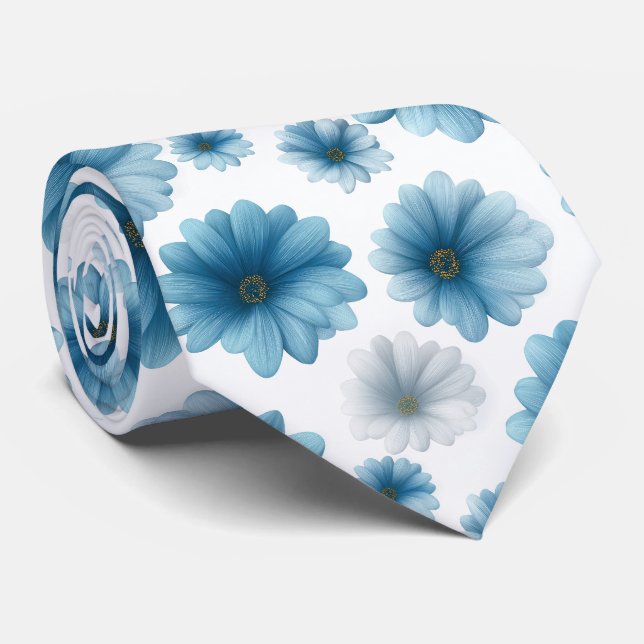 Cravate Motif floral de marguerite bleu blanc (Roulé)