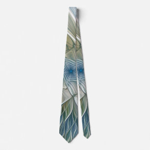 Cravate Motif floral de rêve abstrait bleu kaki fractal