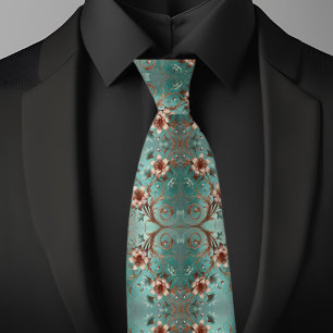Cravate Motif floral élégant cuivre et turquoise