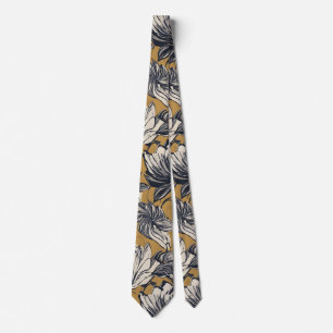Cravate Motif floral élégant noir et blanc sur fond doré m