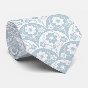 Cravate Motif floral japonais en bleu clair et blanc