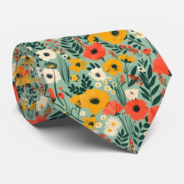 Cravate Motif Floral Joli Fleurs Vert (Roulé)