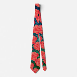 Cravate Motif floral orange Paillettes vertes Cadeau Favor