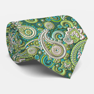 Cravate Motif Floral Paisley Vert Citron Turquoise Aqua