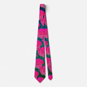 Cravate Motif floral rose rose bleu vert pailleté cadeau