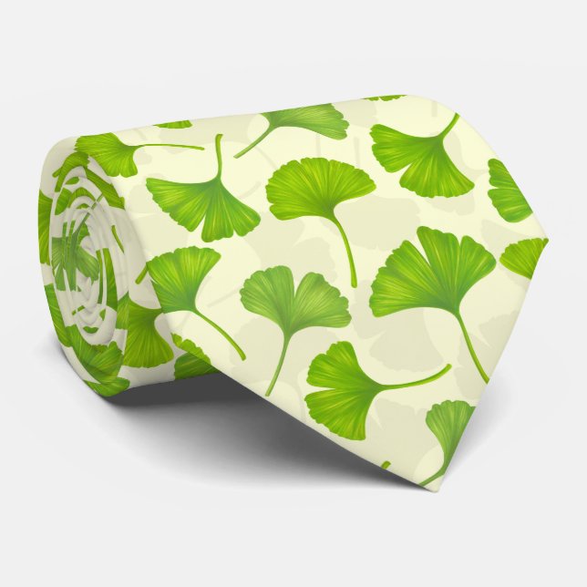 Cravate Motif Ginkgo sur blanc (Roulé)