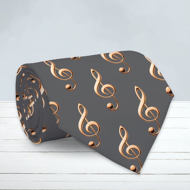 Cravate Motif gris de la clé de sol pour amoureux de musiq (A stylish tie for music lovers, with faux gold treble clefs pattern on a dark charcoal background)