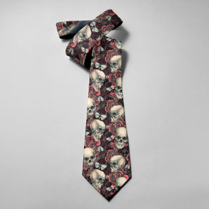 Cravate Motif Halloween épouvantable Roses Rouges & Crânes