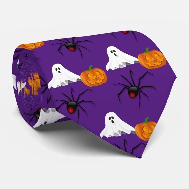 Cravate Motif Halloween Violet Fantôme Araignée Citrouille (Roulé)